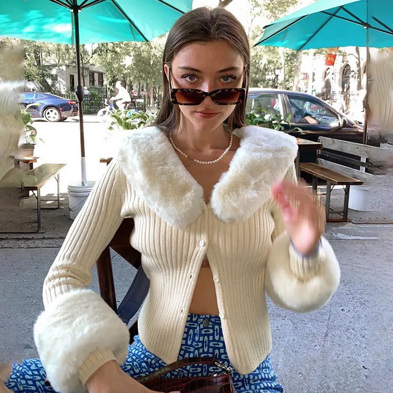 Women's Sexy Knitted Jacket With Fur Collar