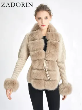 ZADORIN Fall Winter Women Faux Fur Coat Luxury Knitted Sweater Fur Cardigan Detachable Collar White Pink Jacket Faux Fur Coats