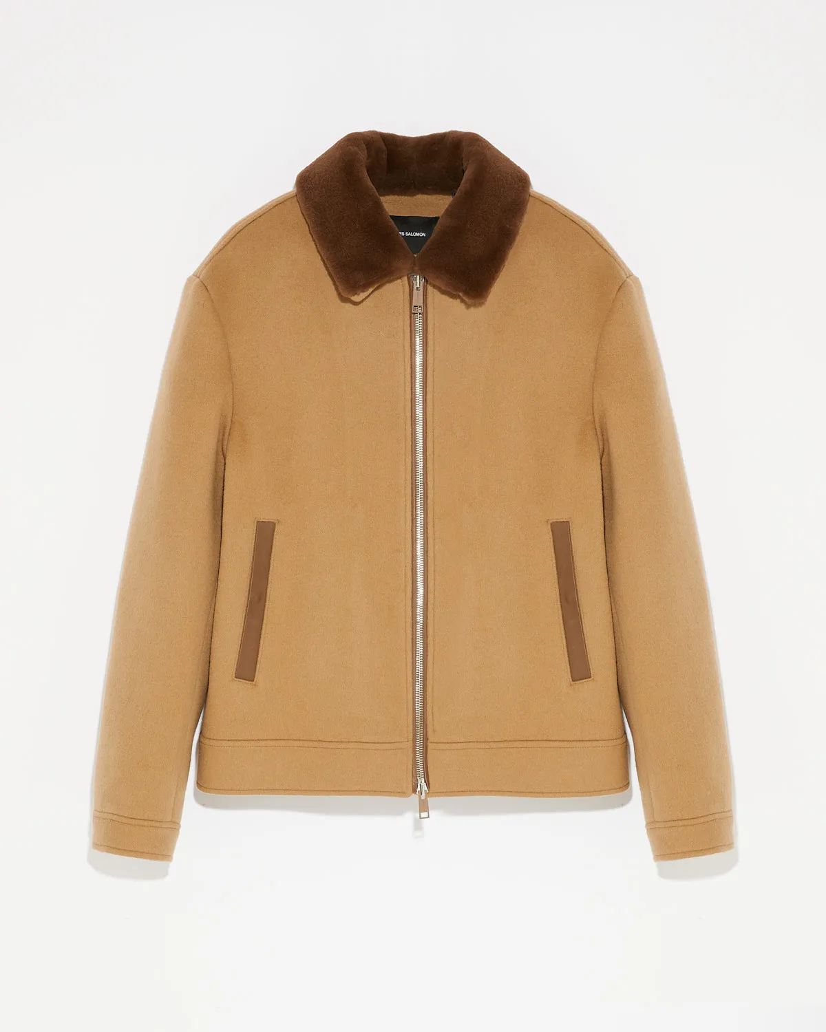 Zipped jacket in double-sided wool-cashmere fabric with mink collar