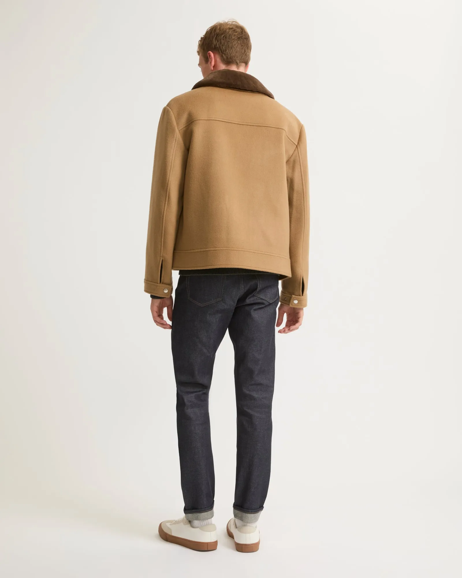 Zipped jacket in double-sided wool-cashmere fabric with mink collar